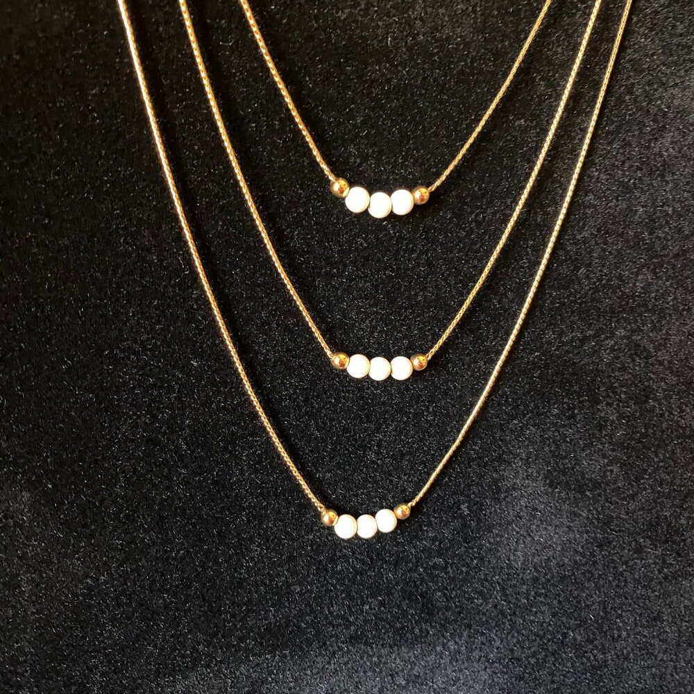 Signed Monet 3 Strand White Bead Necklace with Matching Button Clip On Earrings